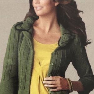 CAbi Rosette green cardigan 100% Cotton  sweater Collar Embellished size Medium